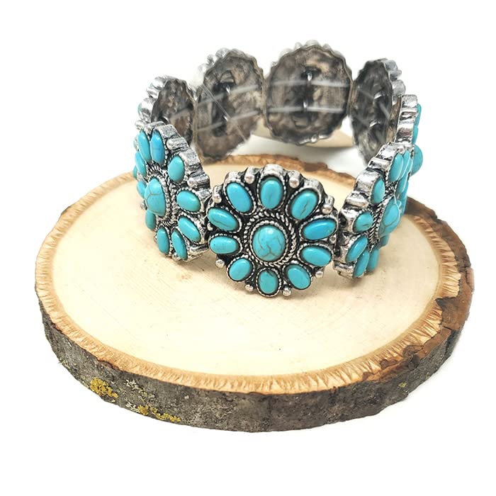 Emulily Western Concho Design Stretch Bracelet Navajo Squash Blossom (Turquoise)