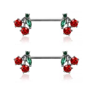 pierced owl 14ga 316l stainless steel cz crystal red cherry ends nipple barbells, sold as a pair (silver tone)