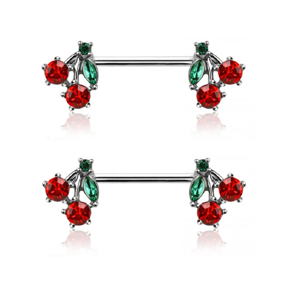 Pierced Owl 14GA 316L Stainless Steel CZ Crystal Red Cherry Ends Nipple Barbells, Sold as a Pair (Silver Tone)