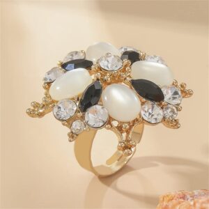 Baroque CZ Flower Ring for Women Gold Plated Rhinestone Crystal Opal Birthstone Big Wedding Statement Open Wrap Rings Adjustable Comfortable Exqusite Birthday Christmas Jewelry (Black)