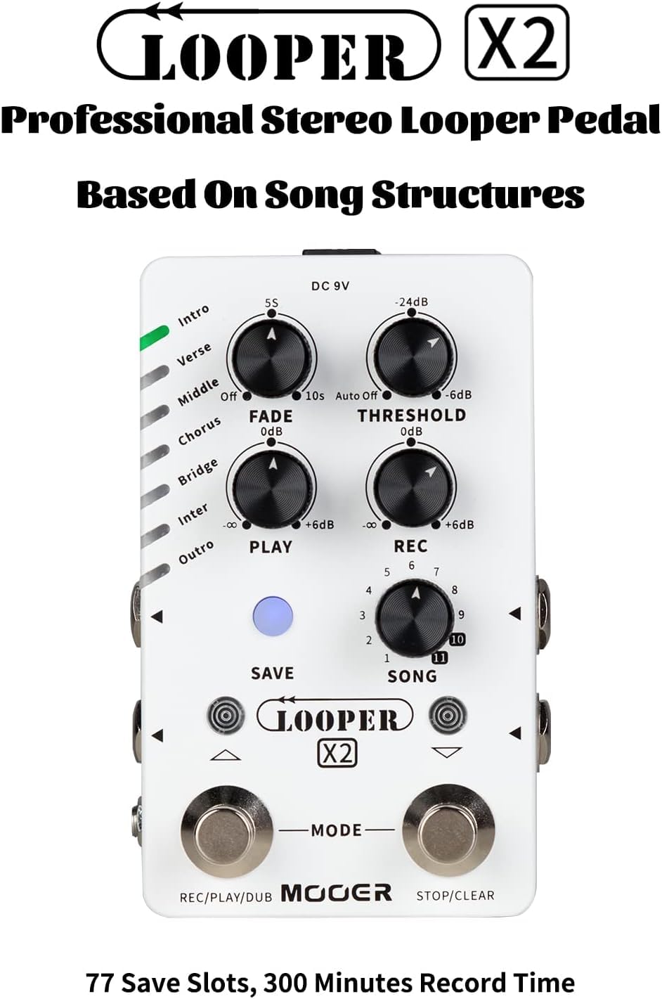 MOOER Looper X2 Stereo Electric Guitar Loop Pedal, Bass Guitar Looper Pedal, Acoustic Guitar Looper Pedal with 11 Banks, 300 Minutes, 77 save slots, Fade Out Function for practice and live show