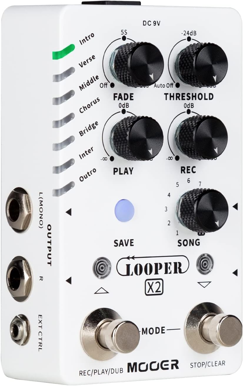 MOOER Looper X2 Stereo Electric Guitar Loop Pedal, Bass Guitar Looper Pedal, Acoustic Guitar Looper Pedal with 11 Banks, 300 Minutes, 77 save slots, Fade Out Function for practice and live show