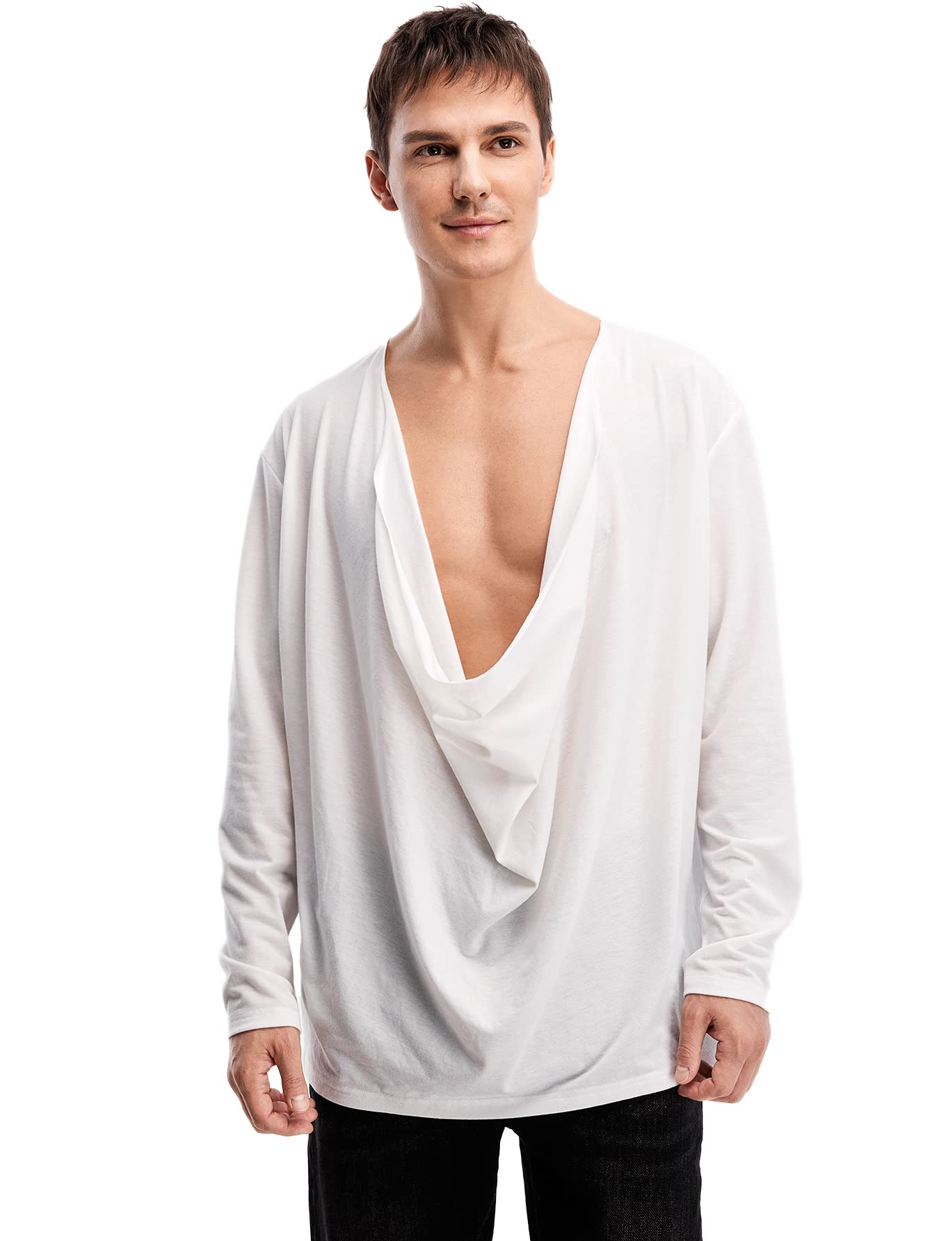 WDIRARA Men's Cowl Neck Draped Long Sleeve T Shirt Top Party Club Tops White S