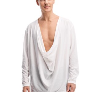 WDIRARA Men's Cowl Neck Draped Long Sleeve T Shirt Top Party Club Tops White XL