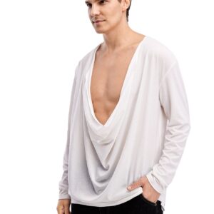 WDIRARA Men's Cowl Neck Draped Long Sleeve T Shirt Top Party Club Tops White XL