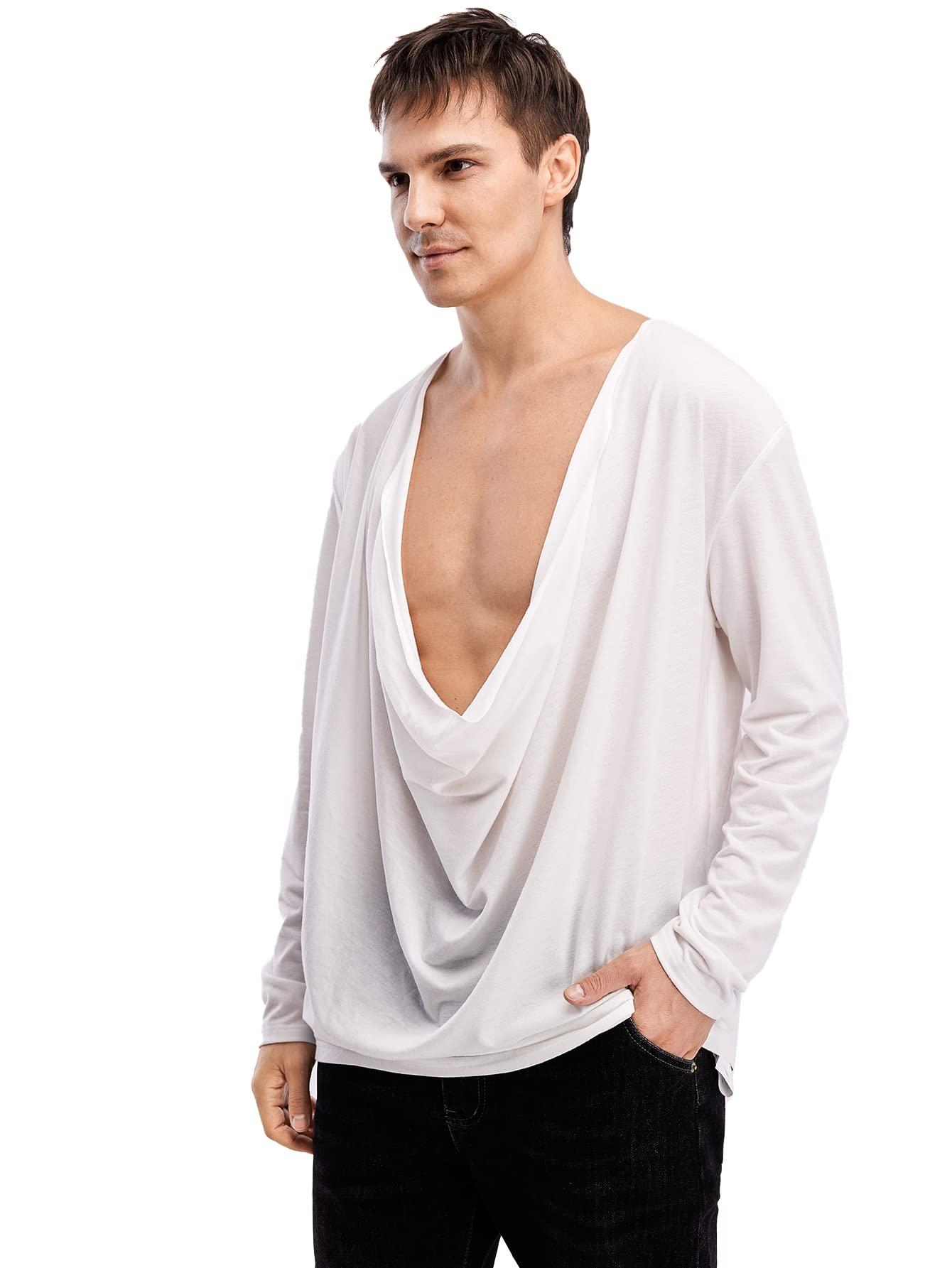 WDIRARA Men's Cowl Neck Draped Long Sleeve T Shirt Top Party Club Tops White XL