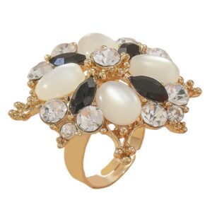 Baroque CZ Flower Ring for Women Gold Plated Rhinestone Crystal Opal Birthstone Big Wedding Statement Open Wrap Rings Adjustable Comfortable Exqusite Birthday Christmas Jewelry (Black)