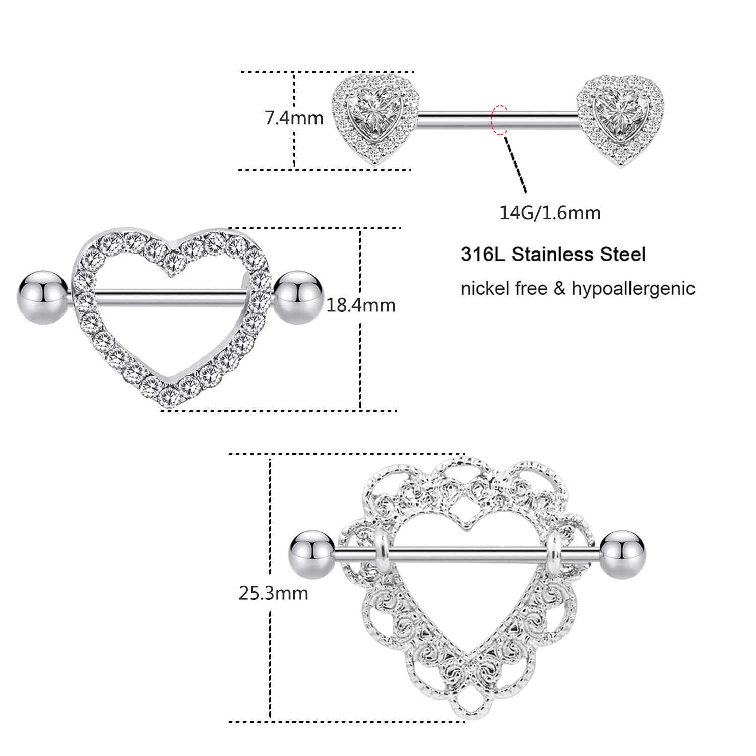 BODY16G CZCZ 14G Nipple Ring 316L Stainless Steel Nipple Barbell Nipple Barbells CZ Nipple Ring Body Piercing Jewelry for Women Men