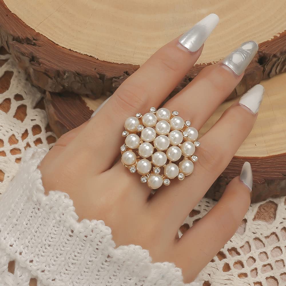 Large CZ Pearl Statement Wedding Ring for Women Girls Gold Plated Vintage Crystal Faux Pearls Ball Flower Adjustable Big Open Band Wrap Ring Birthday Cocktail Party Ring Comfort Fit Exaggerated Jewelry Gift