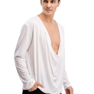 WDIRARA Men's Cowl Neck Draped Long Sleeve T Shirt Top Party Club Tops White XL