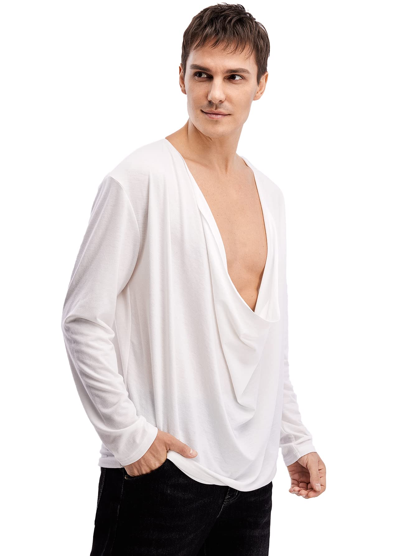 WDIRARA Men's Cowl Neck Draped Long Sleeve T Shirt Top Party Club Tops White XL