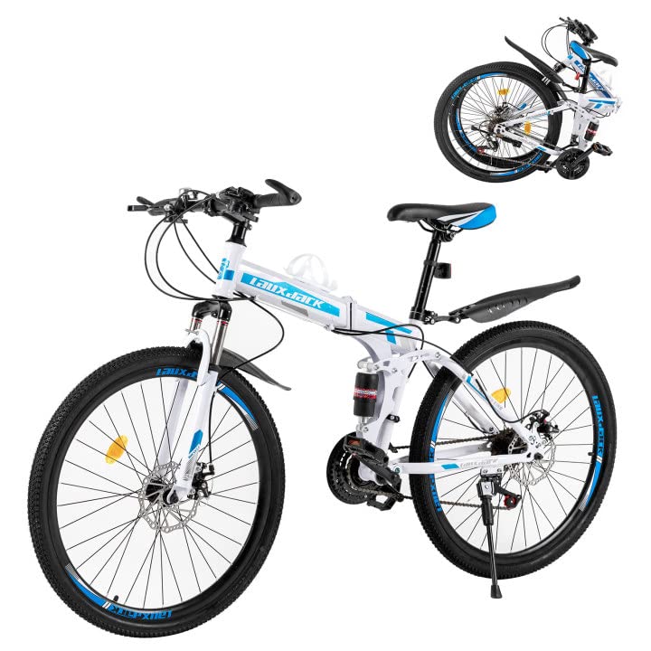 RibasuBB Premium Mountain Bikes in 26inch - 21 Speeds High Carbon Steel Lightweight Folding Bike for Women and Men - Front and Rear Disc Brakes - Full Suspension（Blue）