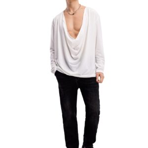 WDIRARA Men's Cowl Neck Draped Long Sleeve T Shirt Top Party Club Tops White XL