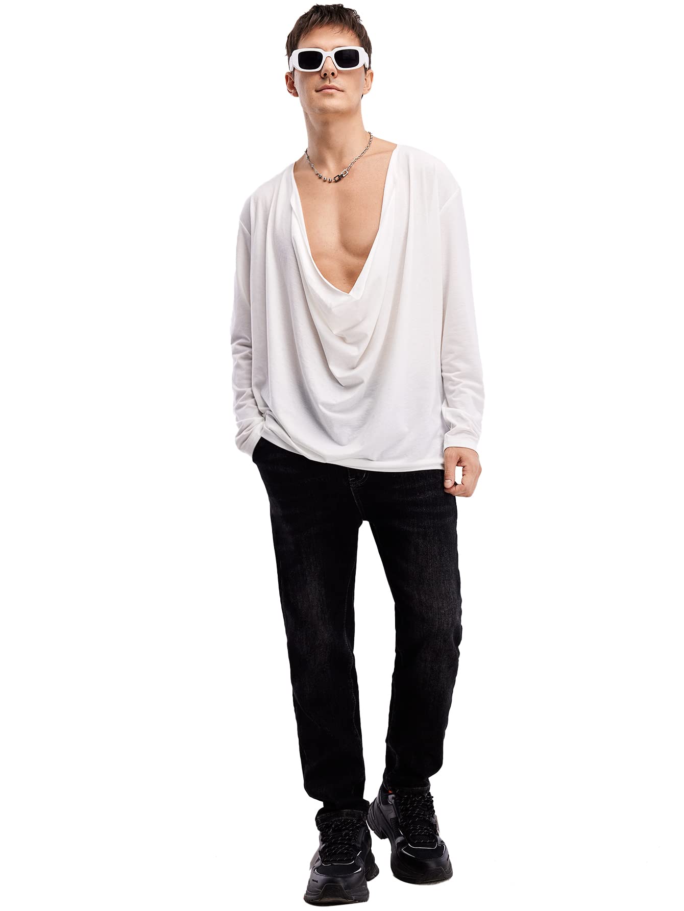 WDIRARA Men's Cowl Neck Draped Long Sleeve T Shirt Top Party Club Tops White XL