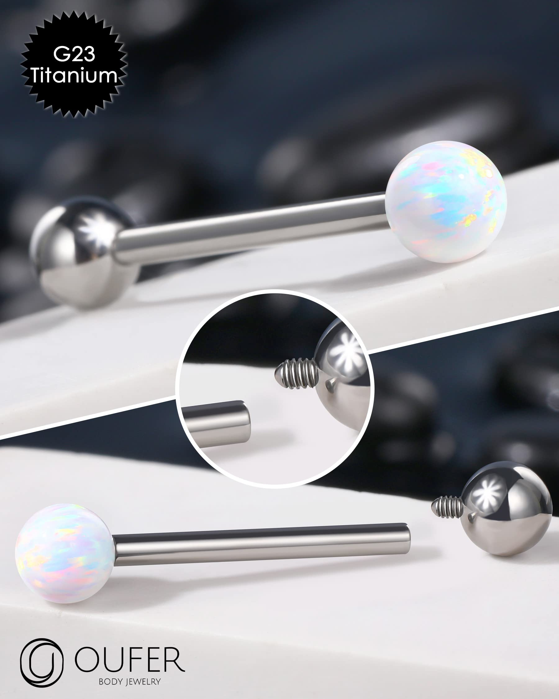 OUFER Titanium Tongue Rings, White Opal Tongue Ring, Internally Threaded Tongue Piercing Jewelry, Straight Tongue Jewelry for Women Men