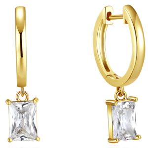 espere Clear Baguette CZ Dangle Hoops | 14K Gold Plated Sterling Silver | Emerald-Cut Baguette CZ Drop Huggie Earrings