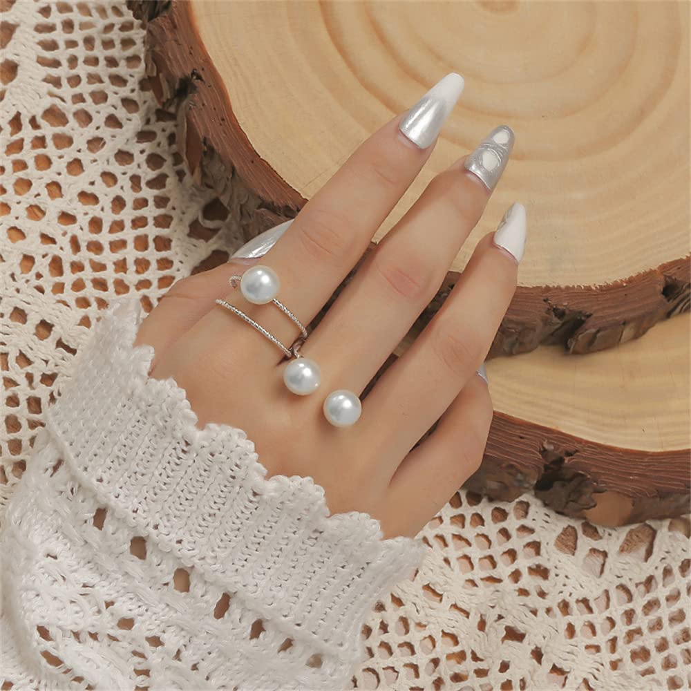 2pcs Shell Pearl Adjustable Wedding Statement Rings for Women Girls Silver Plated Expandable Twisted Layered Open Wrap Rings Comfort Fit Fashion Delicate Birthday Christmas Party Jewelry Gifts (Silver)