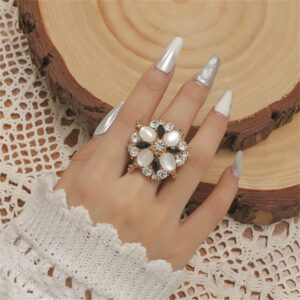 Baroque CZ Flower Ring for Women Gold Plated Rhinestone Crystal Opal Birthstone Big Wedding Statement Open Wrap Rings Adjustable Comfortable Exqusite Birthday Christmas Jewelry (Black)