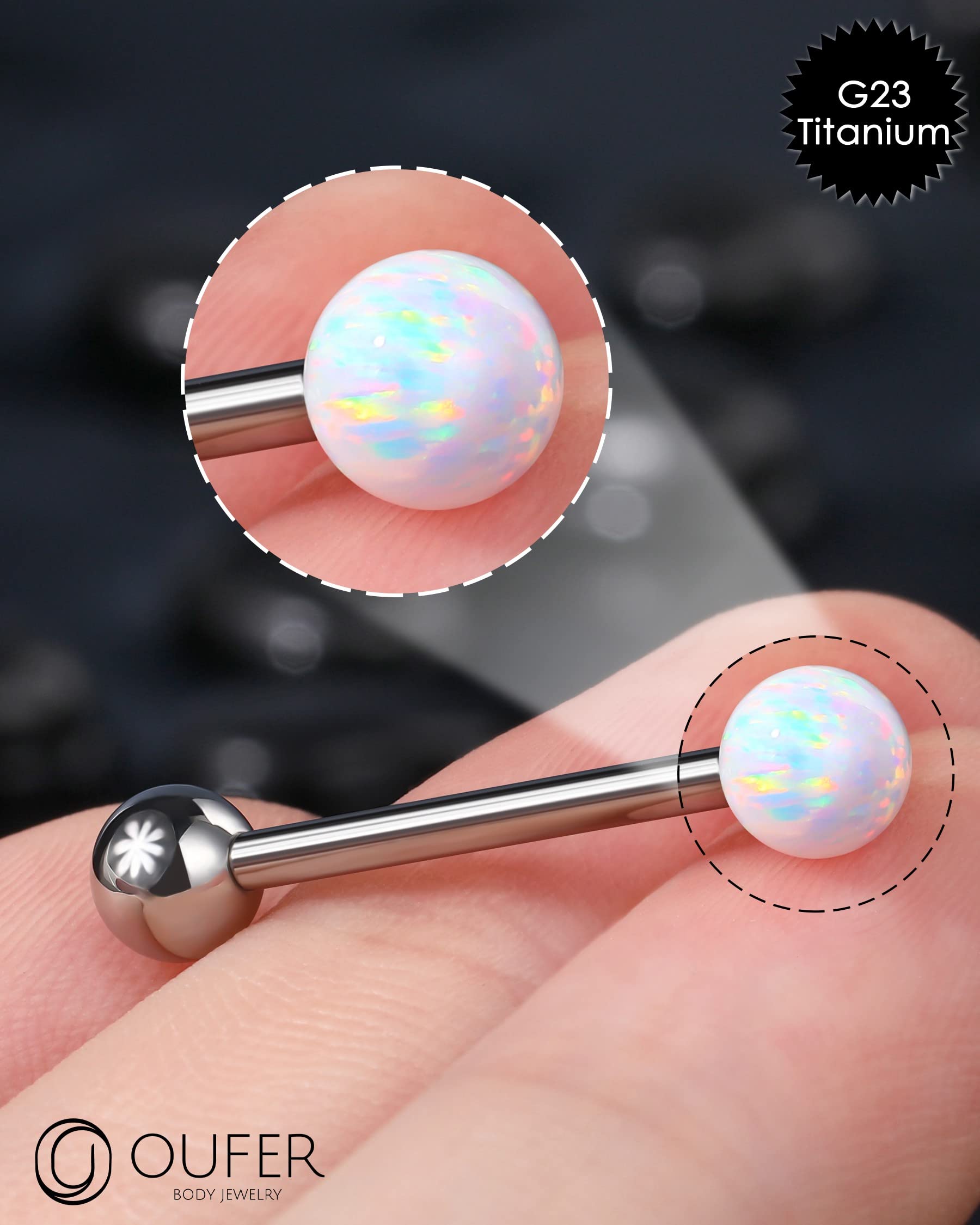 OUFER Titanium Tongue Rings, White Opal Tongue Ring, Internally Threaded Tongue Piercing Jewelry, Straight Tongue Jewelry for Women Men