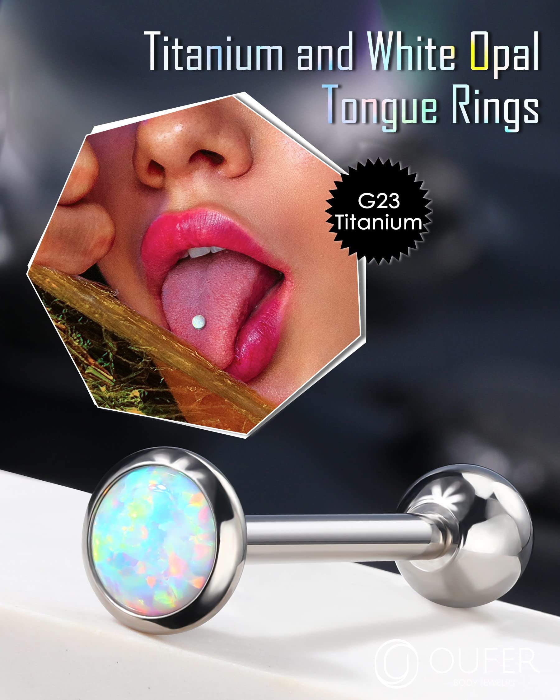 OUFER 14G Tongue Rings, G23 Solid Titanium Tongue Piercing Jewelry, White Opal Internally Threaded Tongue Ring, Tongue Rings for Women Men