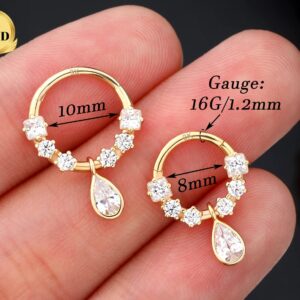 Melighting 9K Gold Septum Rings 16G Teardrop Solid Gold Septum Jewelry Helix Piercing Jewelry for Women Clear CZ Gold Tragus Piercing Jewelry