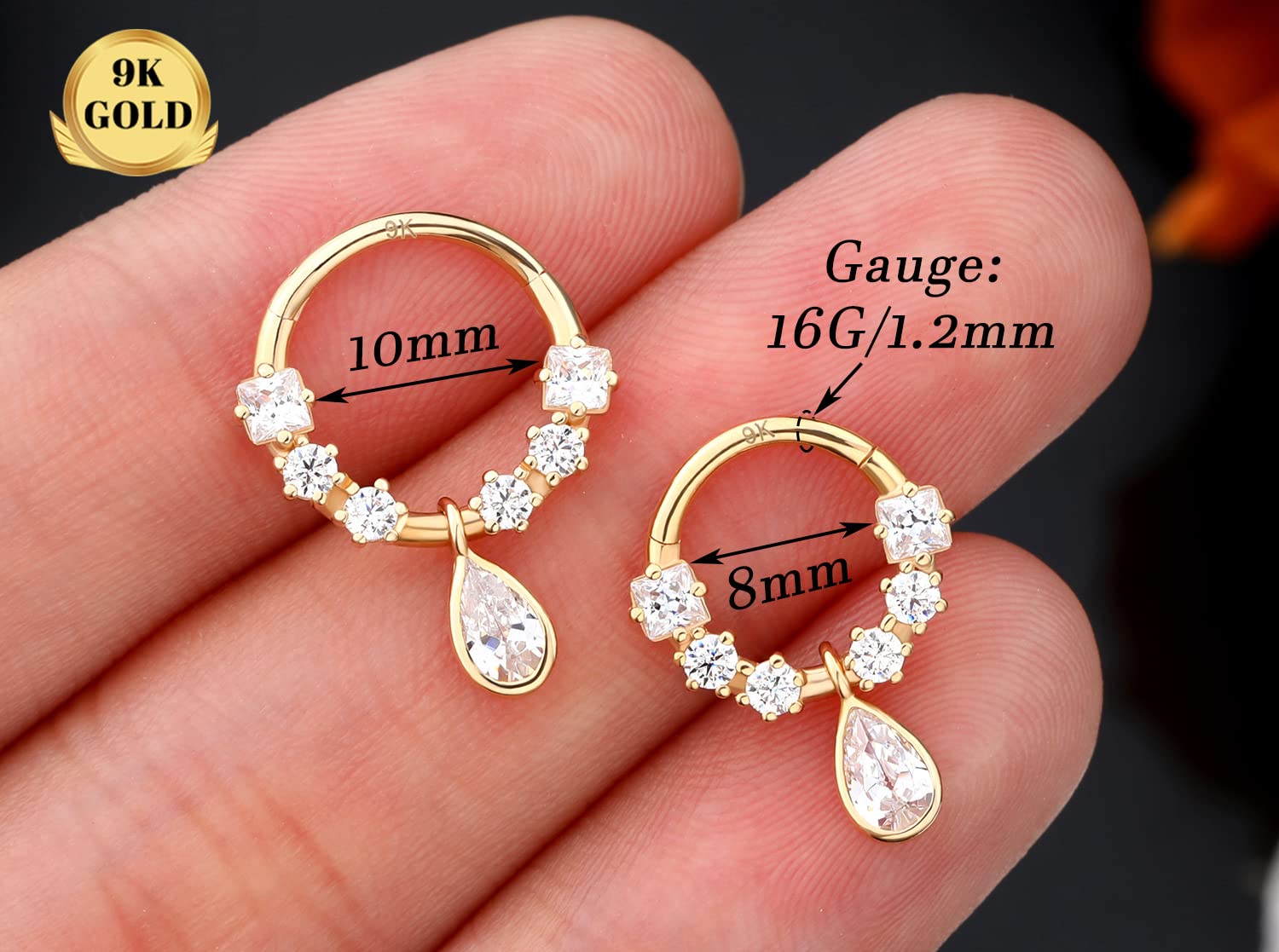 Melighting 9K Gold Septum Rings 16G Teardrop Solid Gold Septum Jewelry Helix Piercing Jewelry for Women Clear CZ Gold Tragus Piercing Jewelry