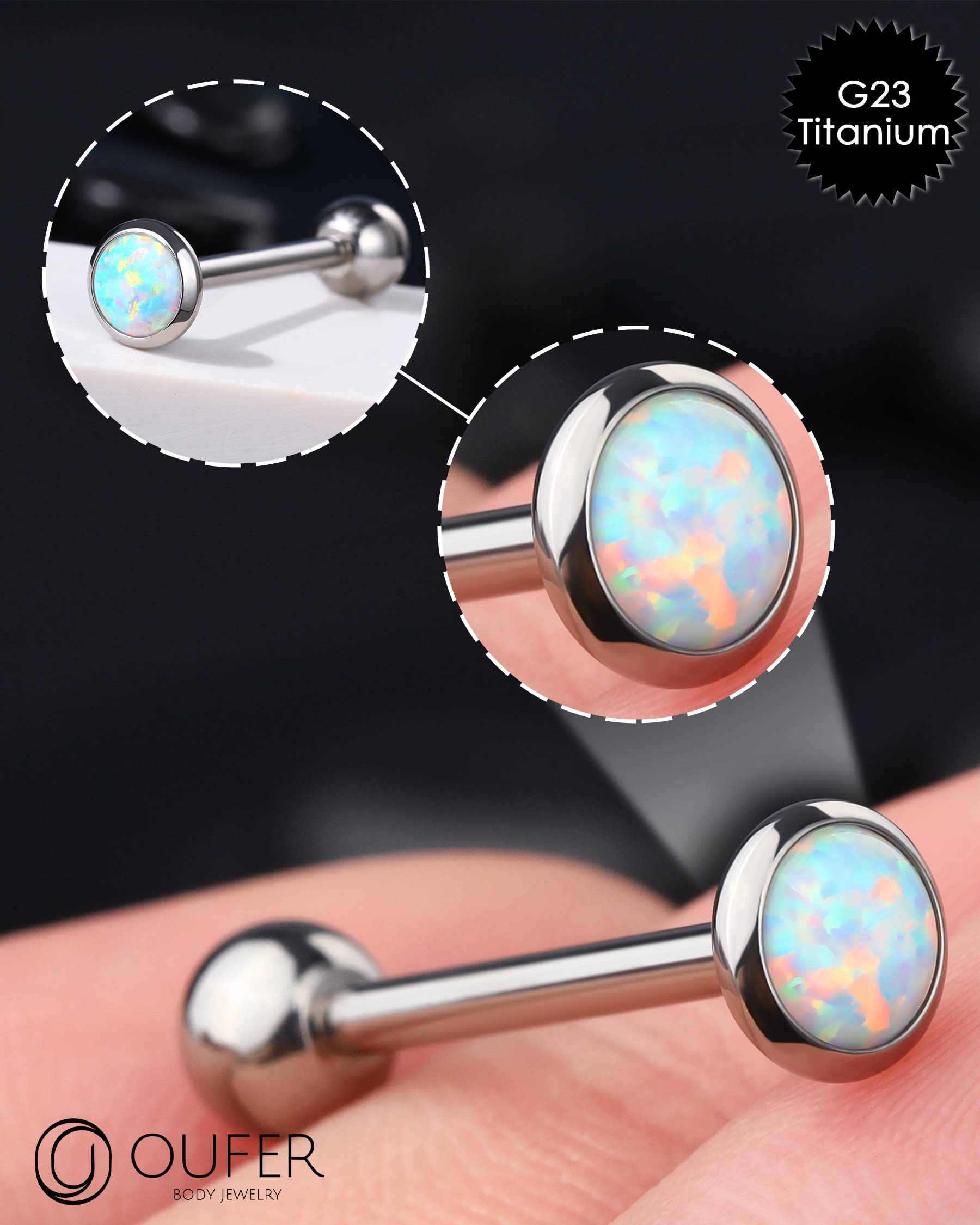 OUFER 14G Tongue Rings, G23 Solid Titanium Tongue Piercing Jewelry, White Opal Internally Threaded Tongue Ring, Tongue Rings for Women Men