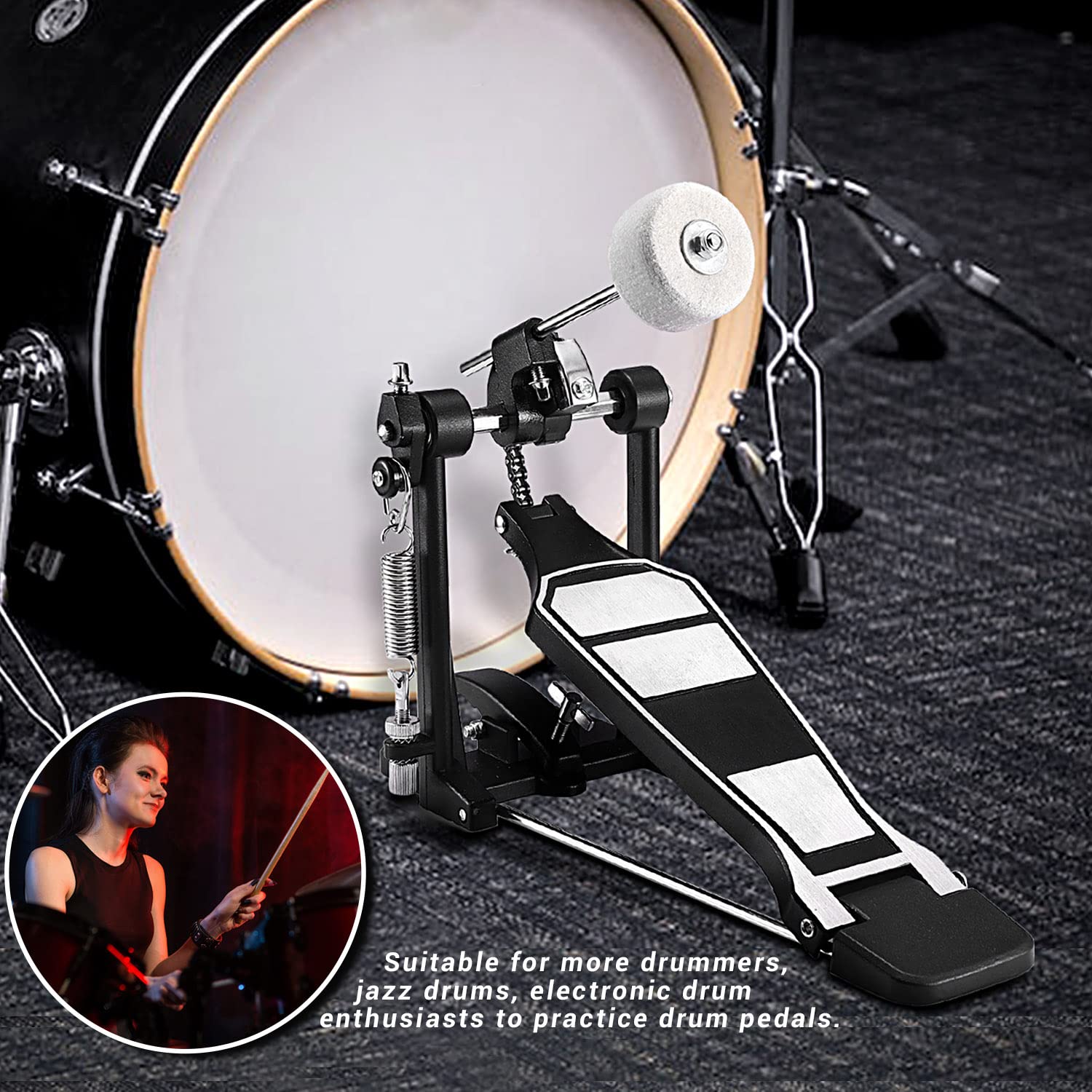 Facmogu Alloy Bass Drum Pedal, Single Bass Drum Pedal Come with Classic Felt Beater Stick & Drum Key for Drum Set Instrument, Single-Chain Bass Drum Pedal for Beginner & Pro Drummers