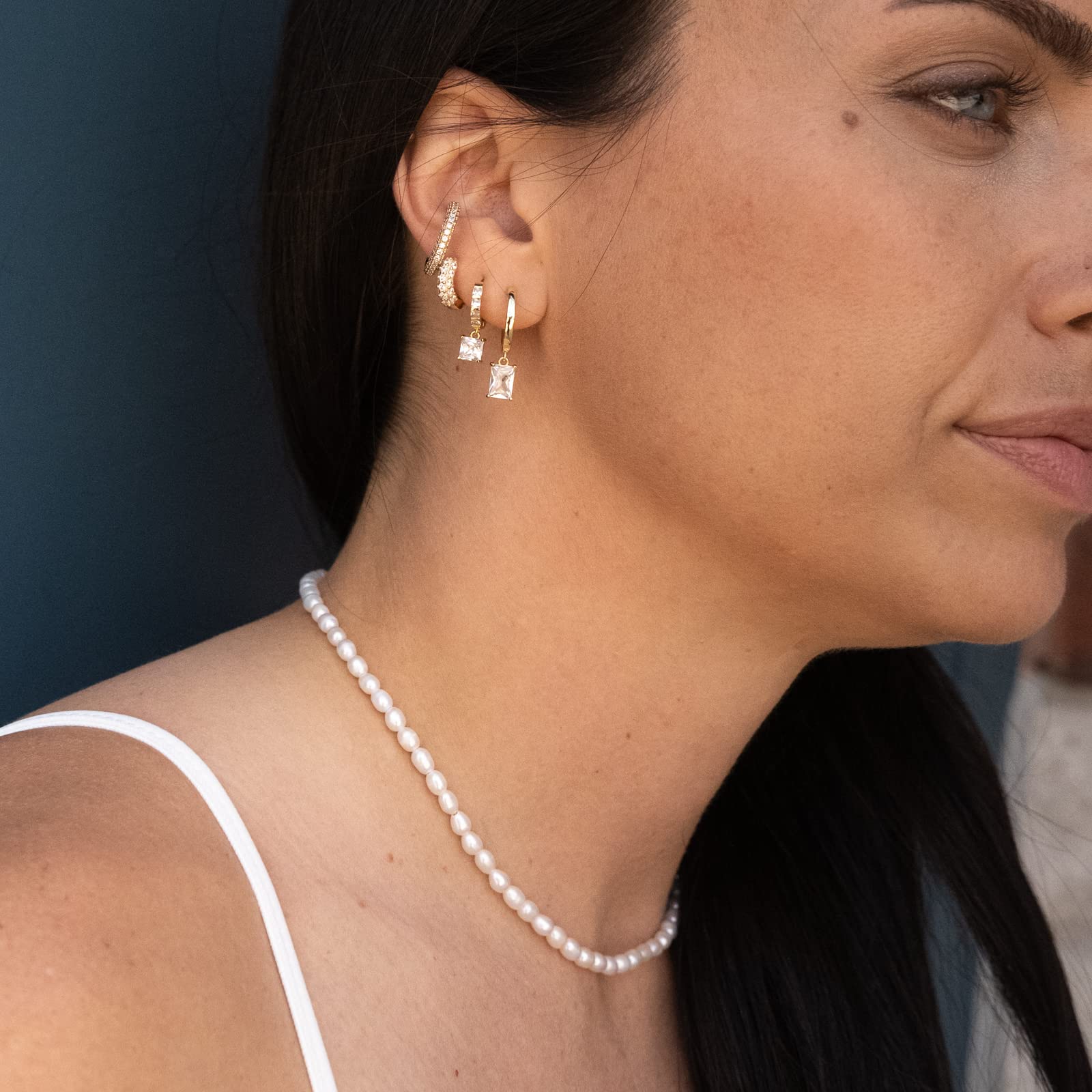 espere Clear Baguette CZ Dangle Hoops | 14K Gold Plated Sterling Silver | Emerald-Cut Baguette CZ Drop Huggie Earrings