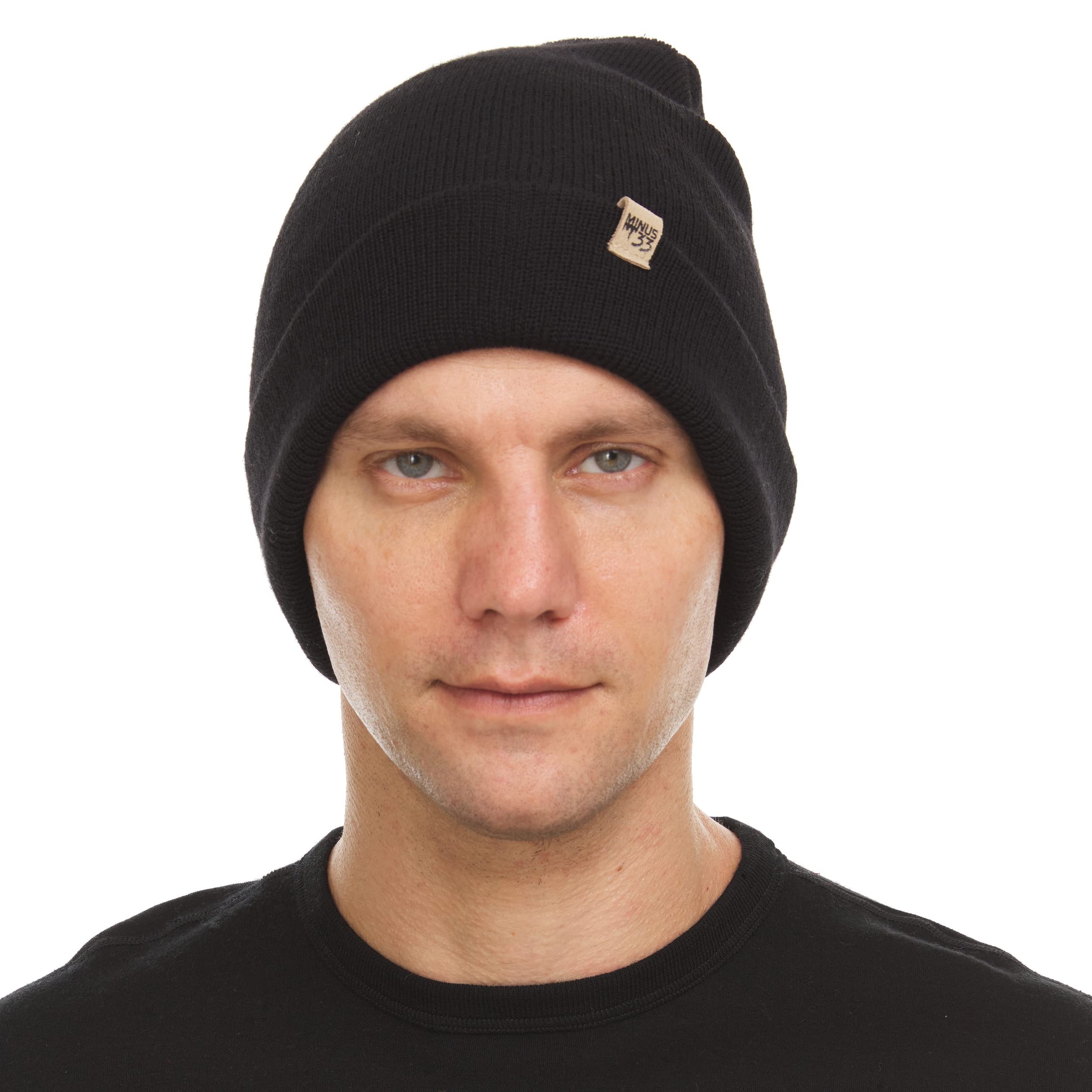 Minus33 Midweight Everyday Knit Cuff Beanie - 100% Merino Wool - Warm Winter Hat - Black