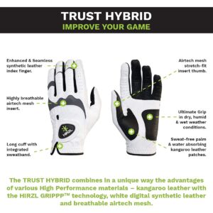 HIRZL Trust Hybrid – Men’s All Weather Golf Glove | Kangaroo Leather, Ultimate Grip & Ergonomic Fit, White/Black, Medium, Worn on Left Hand (Pack of 10)