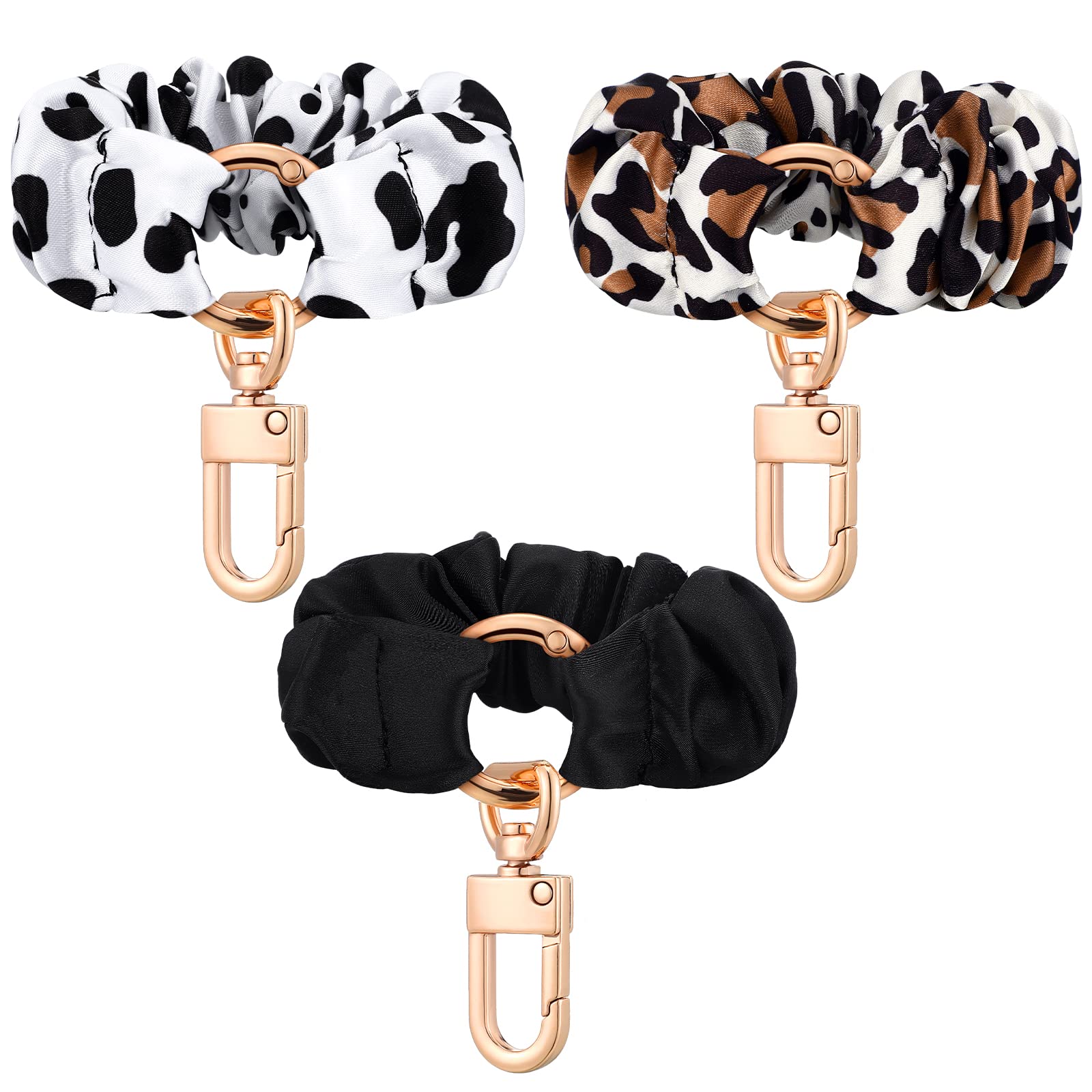 Jadive 3 Pcs Scrunchie Keychain Wristlet Bracelet Keychain Stretchy Key Ring Wrist Key Chain Hair Tie for Women Gift(Black, Leopard, Cow)