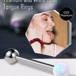 OUFER Titanium Tongue Rings, White Opal Tongue Ring, Internally Threaded Tongue Piercing Jewelry, Straight Tongue Jewelry for Women Men