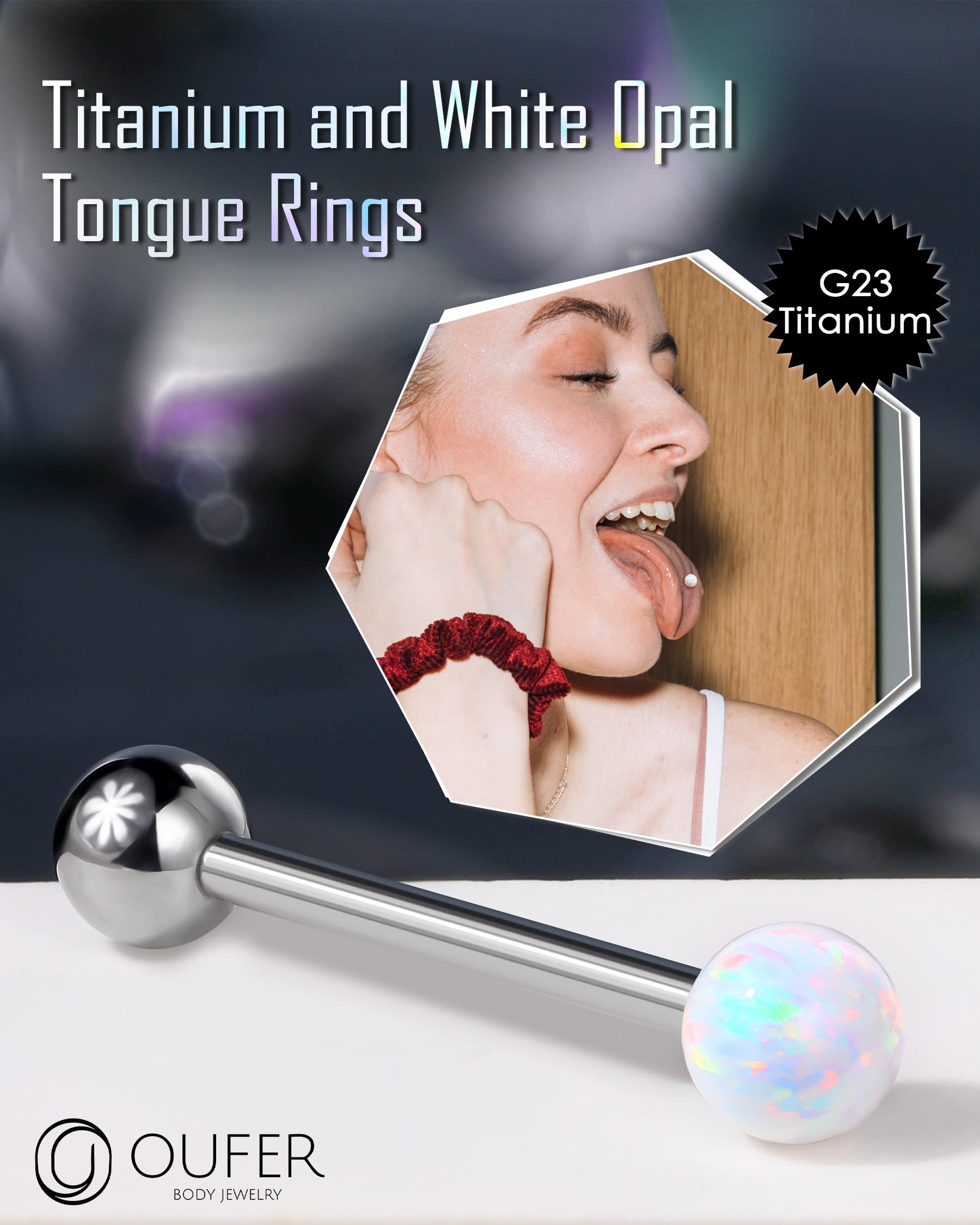 OUFER Titanium Tongue Rings, White Opal Tongue Ring, Internally Threaded Tongue Piercing Jewelry, Straight Tongue Jewelry for Women Men