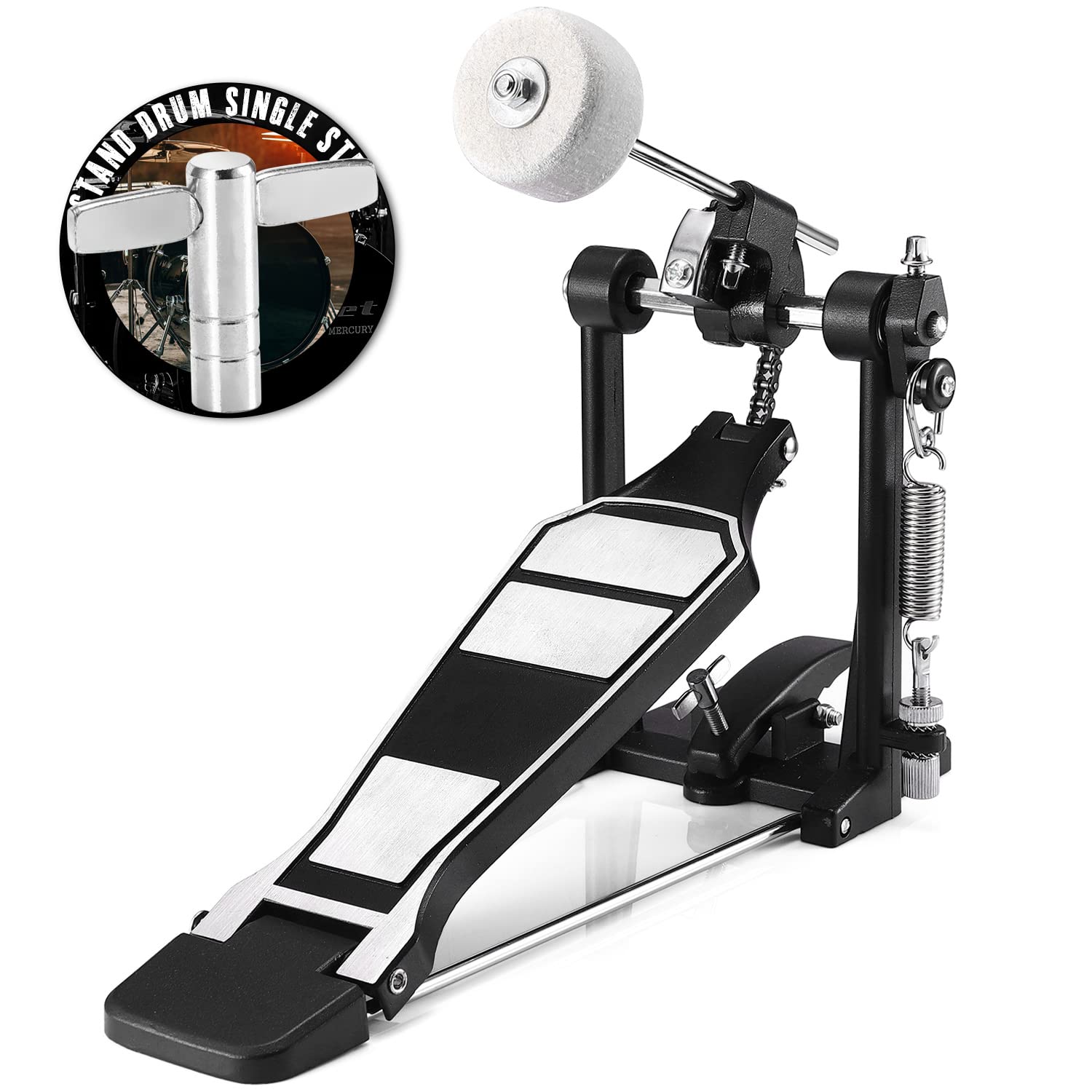 Facmogu Alloy Bass Drum Pedal, Single Bass Drum Pedal Come with Classic Felt Beater Stick & Drum Key for Drum Set Instrument, Single-Chain Bass Drum Pedal for Beginner & Pro Drummers