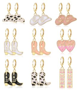 zelores 9 pairs cowboy cowgirl boot earrings cute western drop dangle earrings enamel pink black howdy cowboy hat earrings for women (set1)