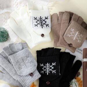 4 Pairs Women Knitted Winter Fingerless Gloves Thermal Convertible Knit Flip Wool Gloves Warm Half Finger Mittens for Women (White, Black, Gray, Khaki, Snowflake Style)