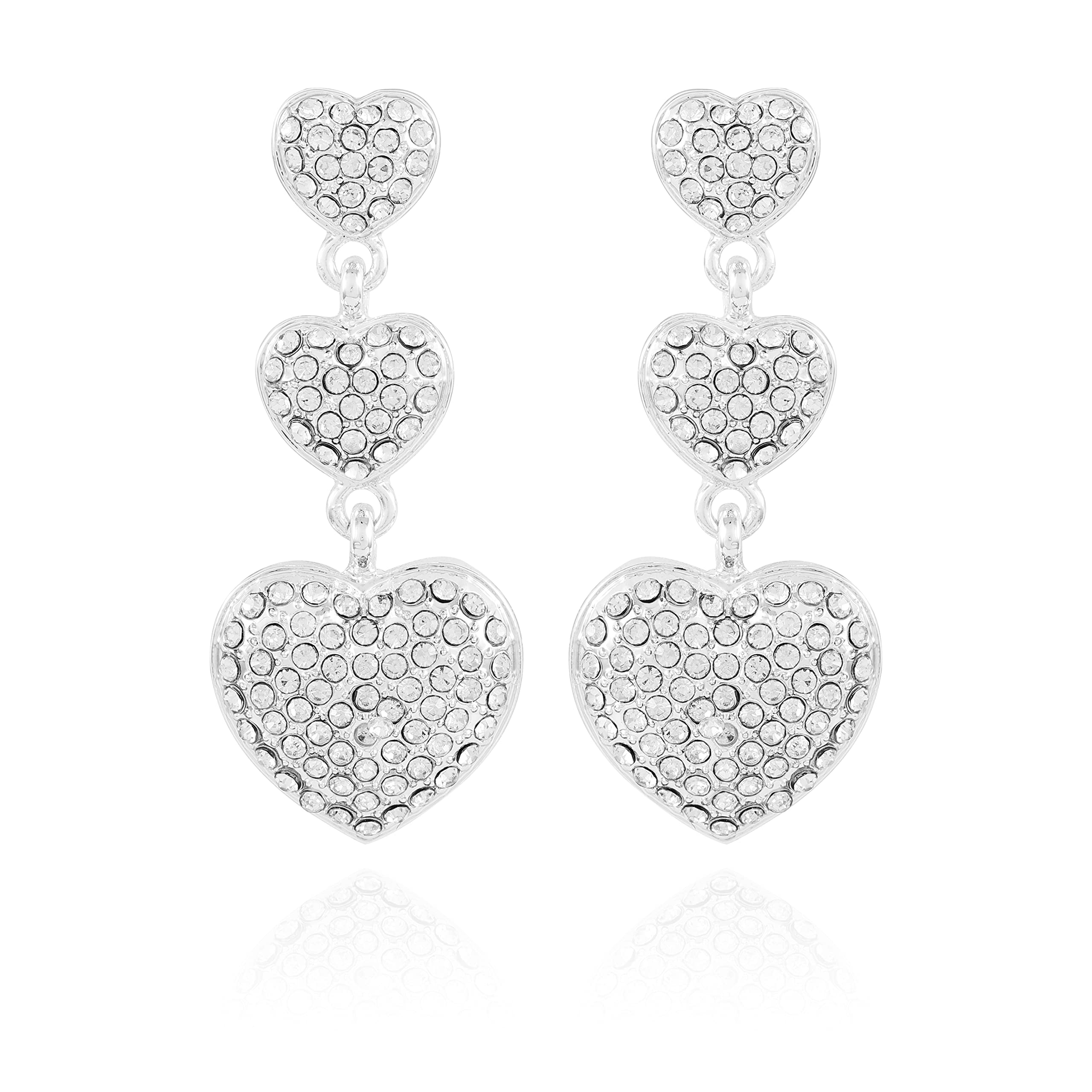 GUESS Silvertone Triple Pave Crystal Glass Stone Heart Linear Dangle Drop Earrings