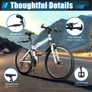 RibasuBB Premium Mountain Bikes in 26inch - 21 Speeds High Carbon Steel Lightweight Folding Bike for Women and Men - Front and Rear Disc Brakes - Full Suspension（Blue）