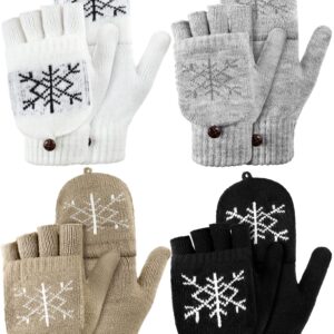 4 Pairs Women Knitted Winter Fingerless Gloves Thermal Convertible Knit Flip Wool Gloves Warm Half Finger Mittens for Women (White, Black, Gray, Khaki, Snowflake Style)