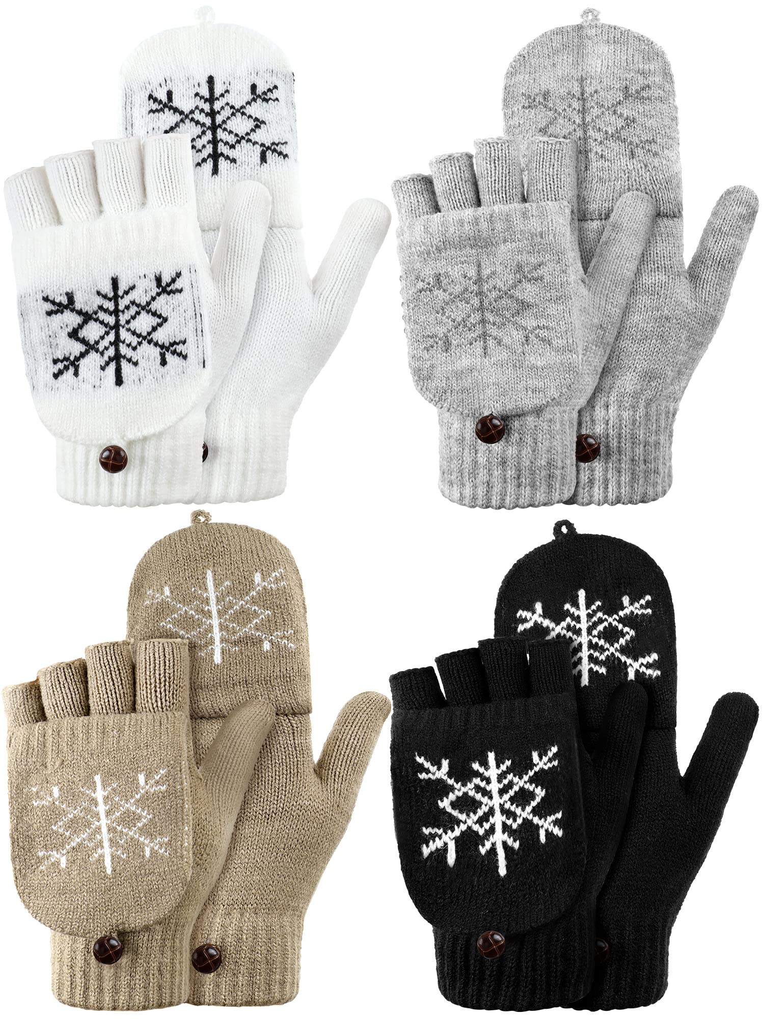 4 Pairs Women Knitted Winter Fingerless Gloves Thermal Convertible Knit Flip Wool Gloves Warm Half Finger Mittens for Women (White, Black, Gray, Khaki, Snowflake Style)