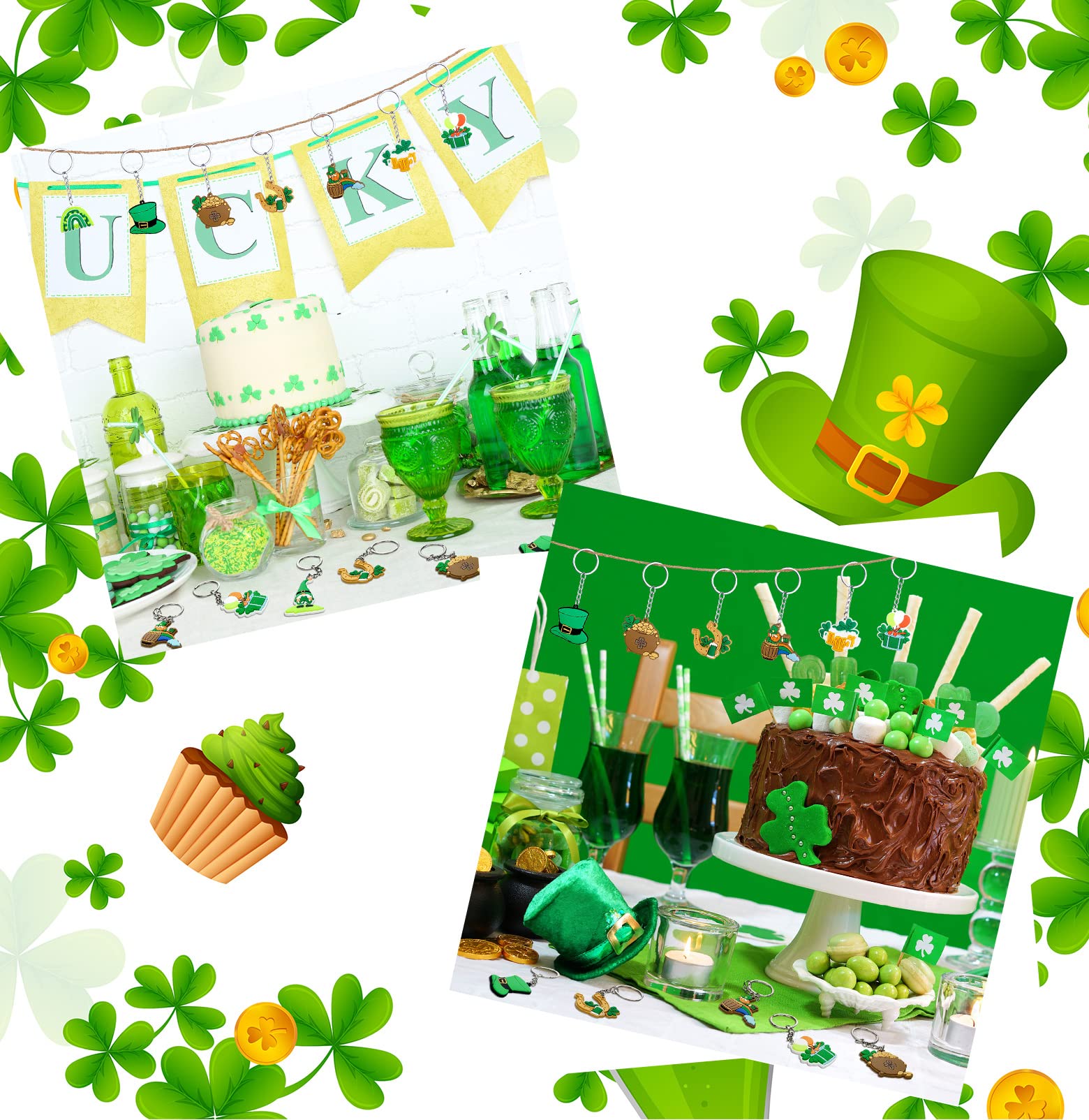 Jadive 36 Pieces St. Patrick's Day PVC Keychains Irish Festival Themed Party Decor Keychain for Kids Gnome, Shamrock, Beer, Irish, Horseshoes, Coins 9 Styles (Shamrock)