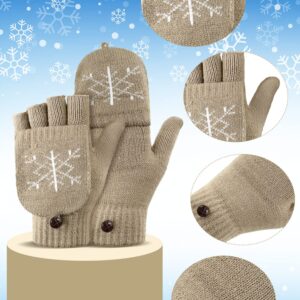 4 Pairs Women Knitted Winter Fingerless Gloves Thermal Convertible Knit Flip Wool Gloves Warm Half Finger Mittens for Women (White, Black, Gray, Khaki, Snowflake Style)