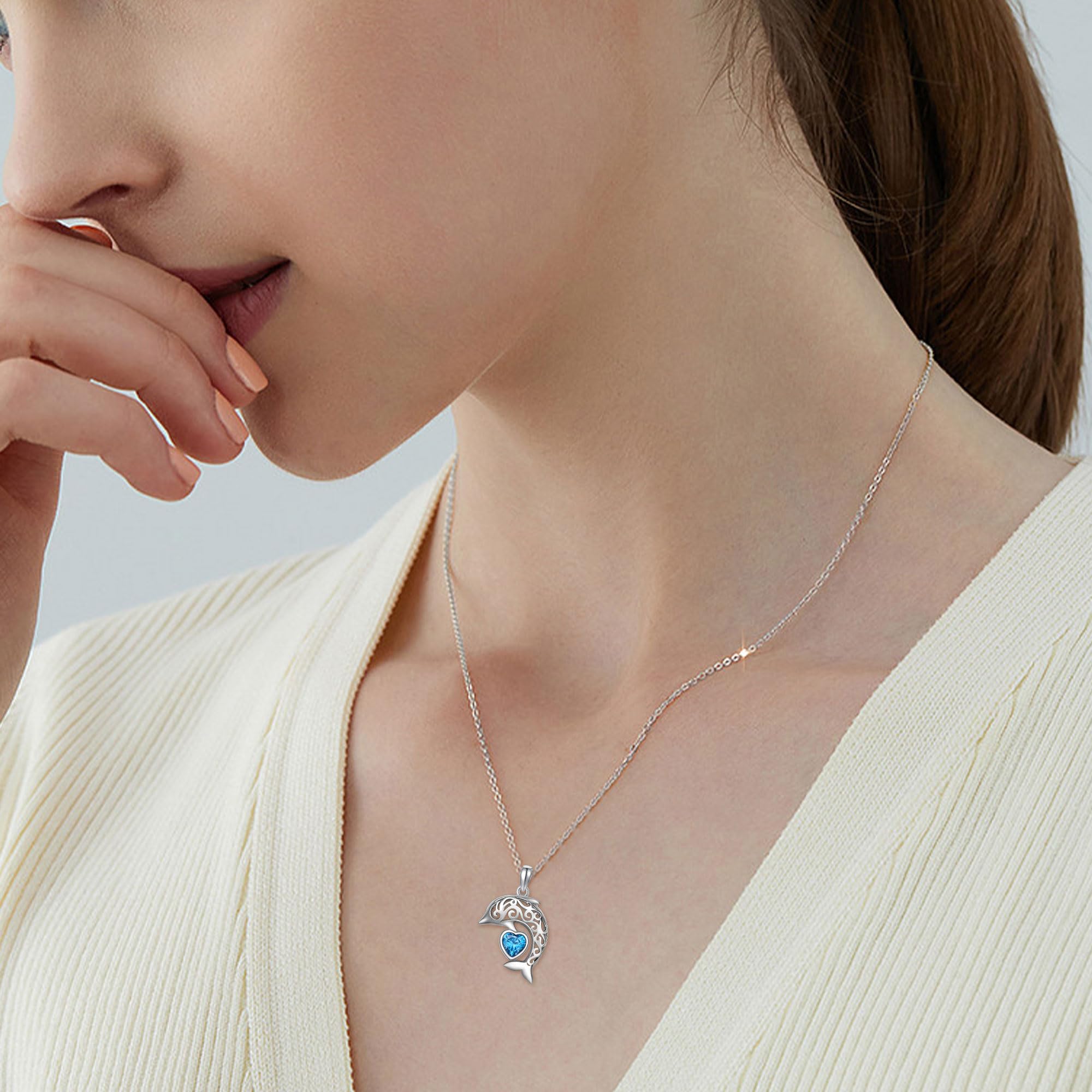 ONEFINITY Dolphin Necklace 925 Sterling Silver Dolphin Pendant Cute Animal Ocean Blue Heart New Years Necklace Jewelry for Women