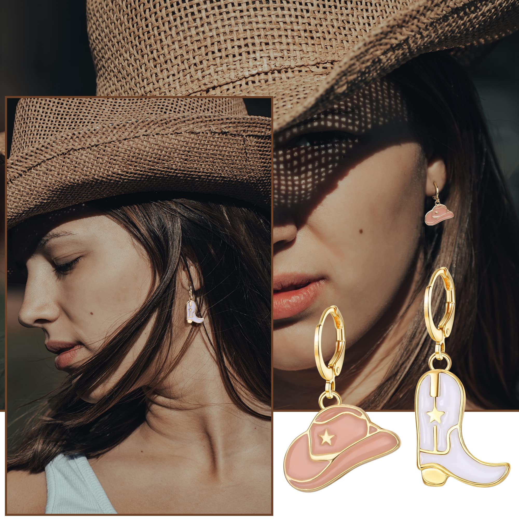 ZELORES 9 Pairs Cowboy Cowgirl Boot Earrings Cute Western Drop Dangle Earrings Enamel Pink Black Howdy Cowboy Hat Earrings for Women (Set1)