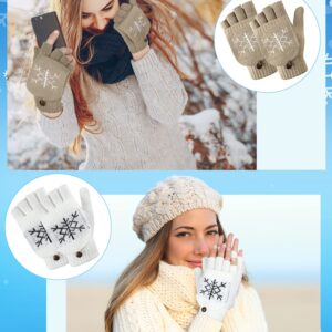 4 Pairs Women Knitted Winter Fingerless Gloves Thermal Convertible Knit Flip Wool Gloves Warm Half Finger Mittens for Women (White, Black, Gray, Khaki, Snowflake Style)