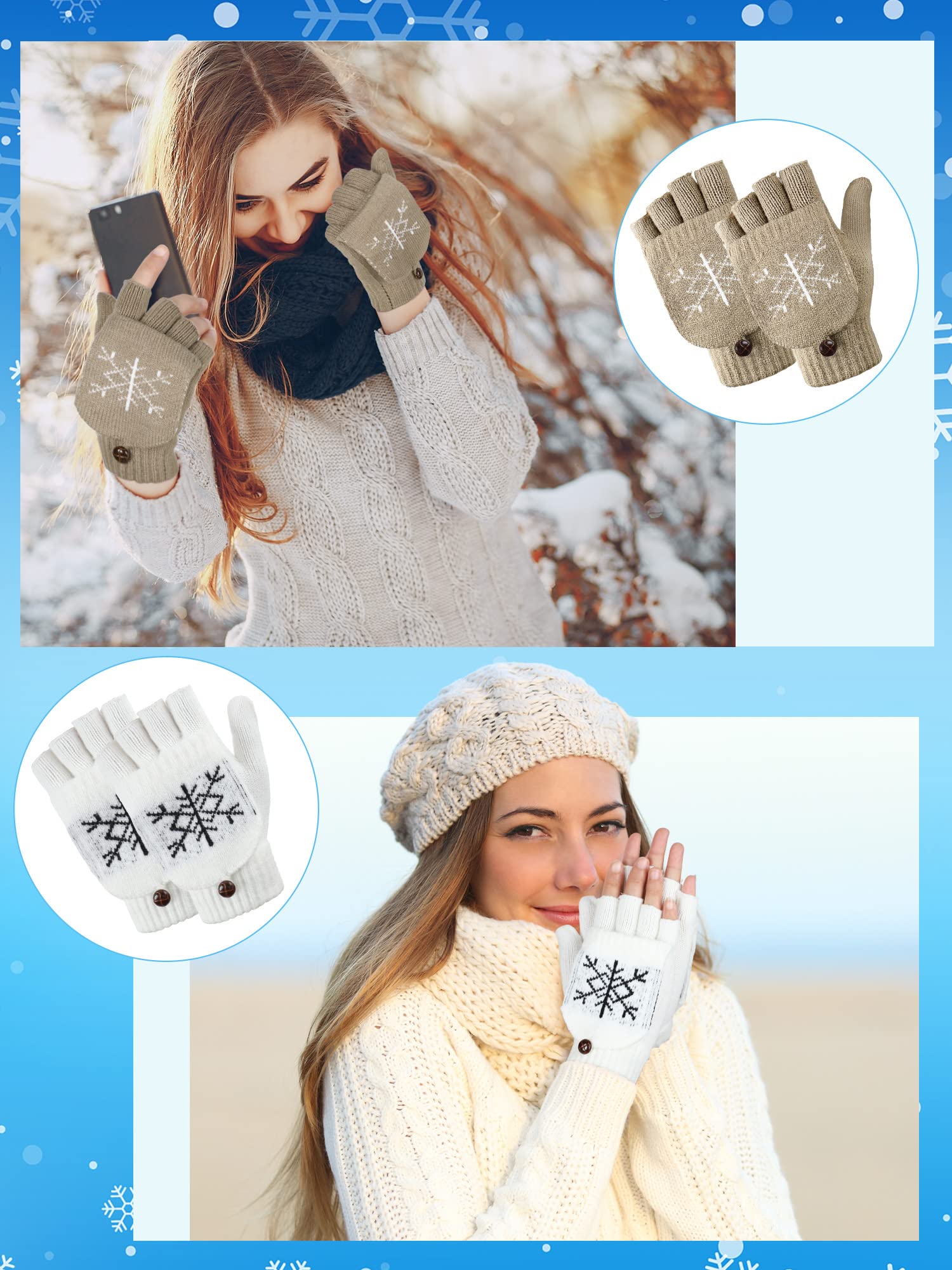 4 Pairs Women Knitted Winter Fingerless Gloves Thermal Convertible Knit Flip Wool Gloves Warm Half Finger Mittens for Women (White, Black, Gray, Khaki, Snowflake Style)