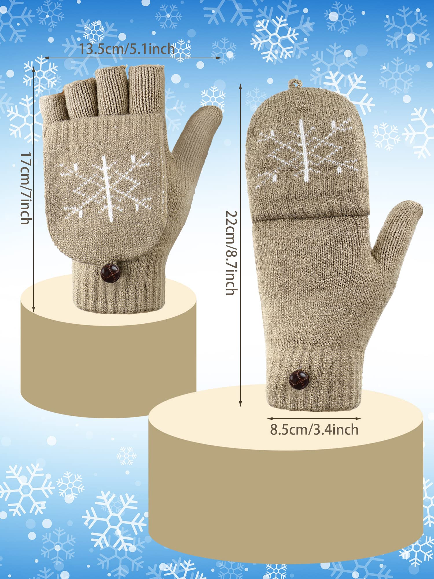 4 Pairs Women Knitted Winter Fingerless Gloves Thermal Convertible Knit Flip Wool Gloves Warm Half Finger Mittens for Women (White, Black, Gray, Khaki, Snowflake Style)