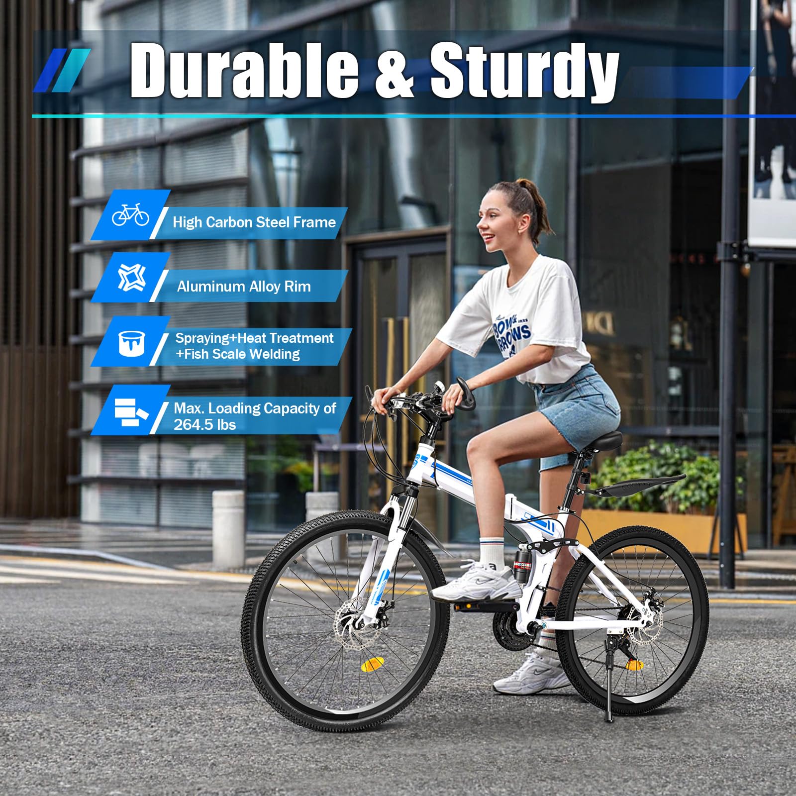 RibasuBB Premium Mountain Bikes in 26inch - 21 Speeds High Carbon Steel Lightweight Folding Bike for Women and Men - Front and Rear Disc Brakes - Full Suspension（Blue）