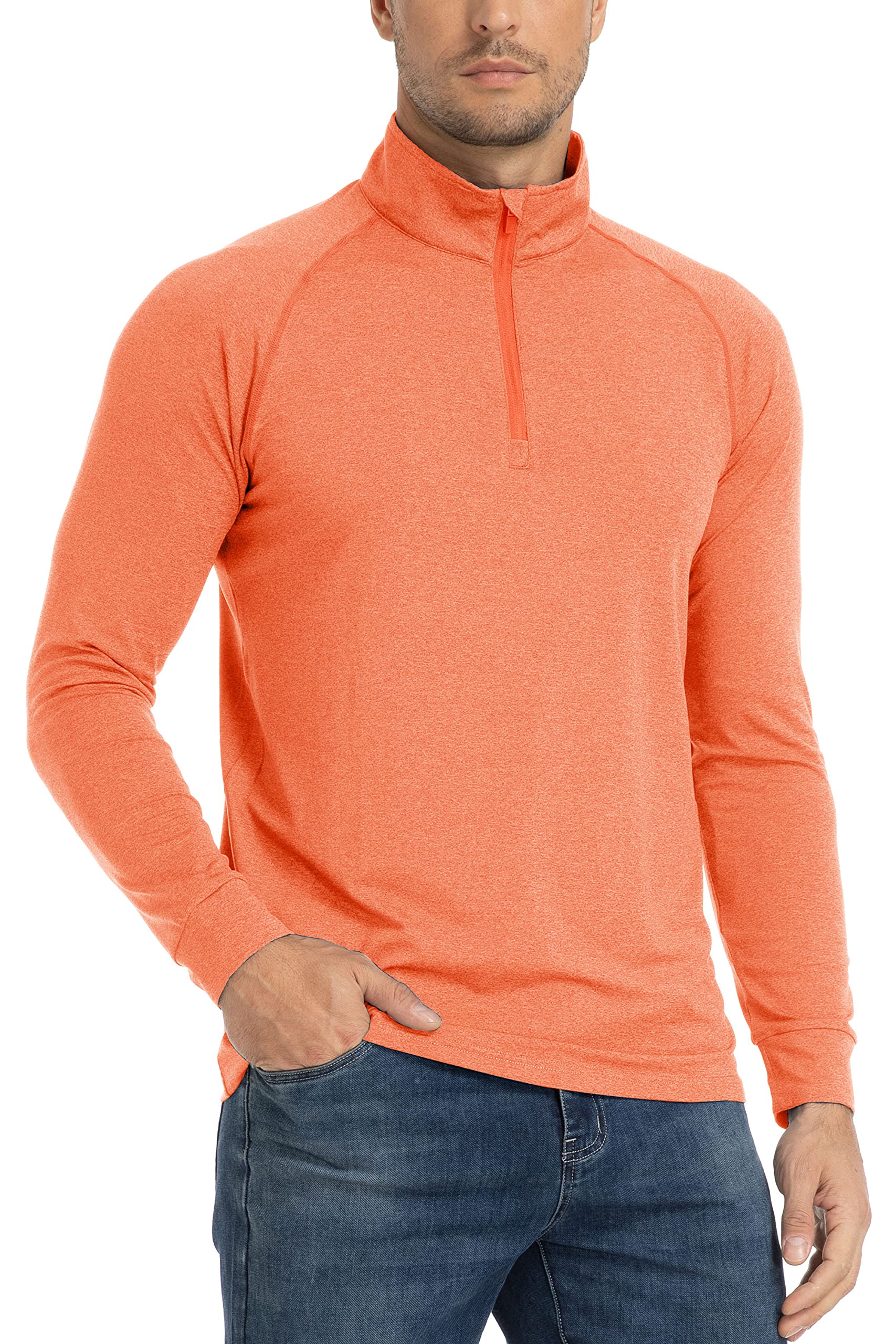 TACVASEN Men's Hiking Shirts Quarter Zip Pullover Long Sleeve Performance SPF Outdoor, Orange, M